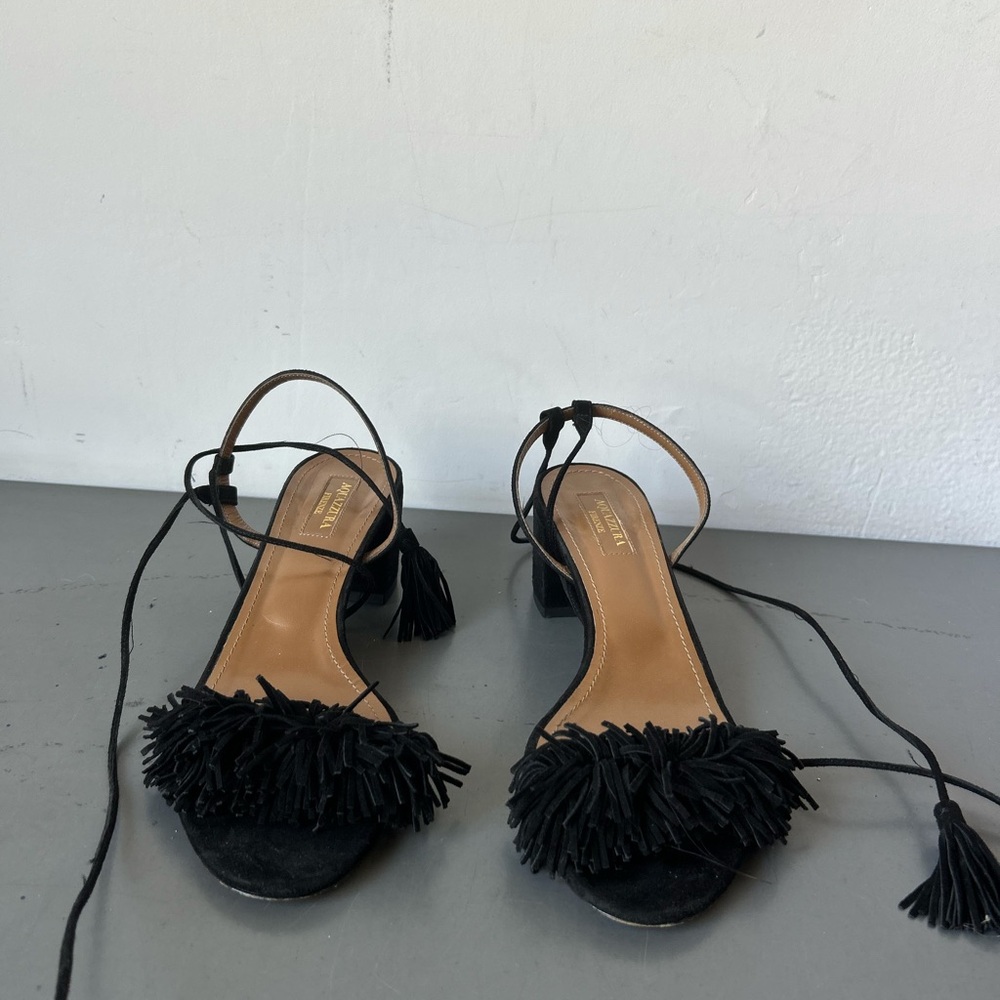Aquazzura fringe suede black strappy low block heels size 39